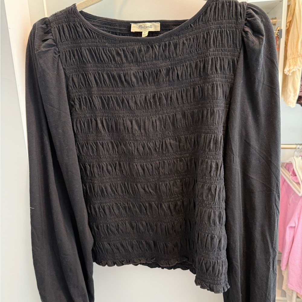 Madewell Black Smocked Long Sleeve Peasant Top